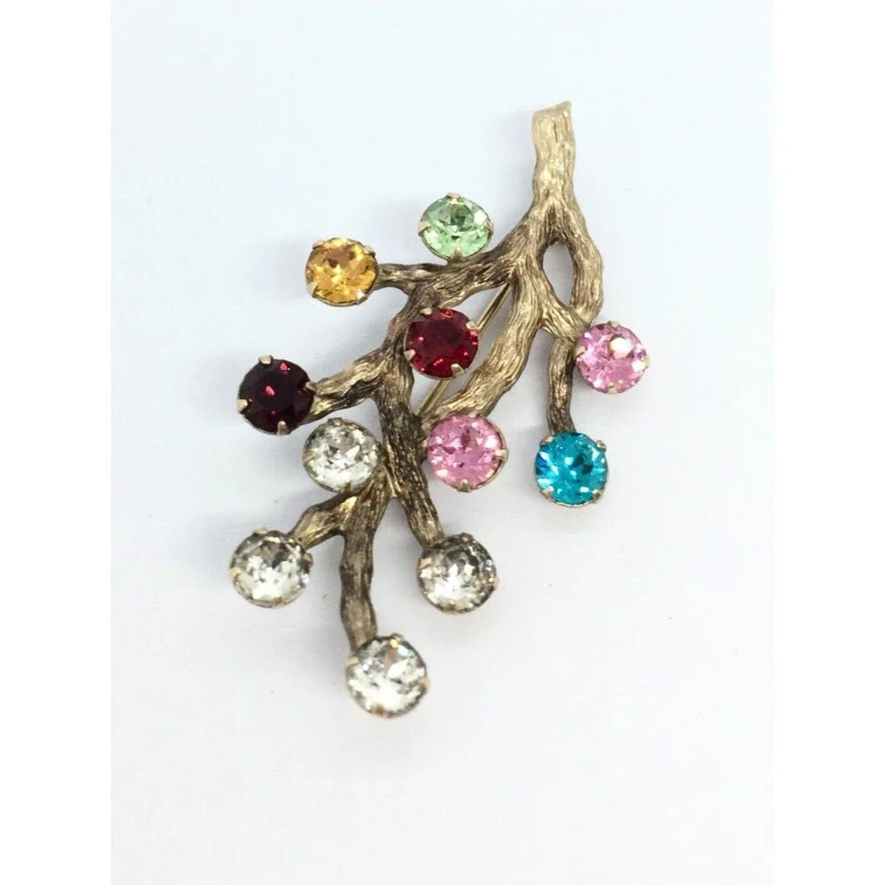 Vintage VAN DELL Brooch 12k Gold Filled Branch Multicolor Rhinestone UV Glow
